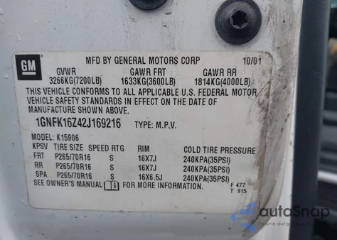 2002 Chevrolet Suburban K1500 z USA, uszkodzony, nr VIN 1GNFK16Z42J169216